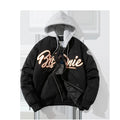 Men's thick loose pilot cotton-padded coat in black with hood, polyester fibre filling, winter jacket