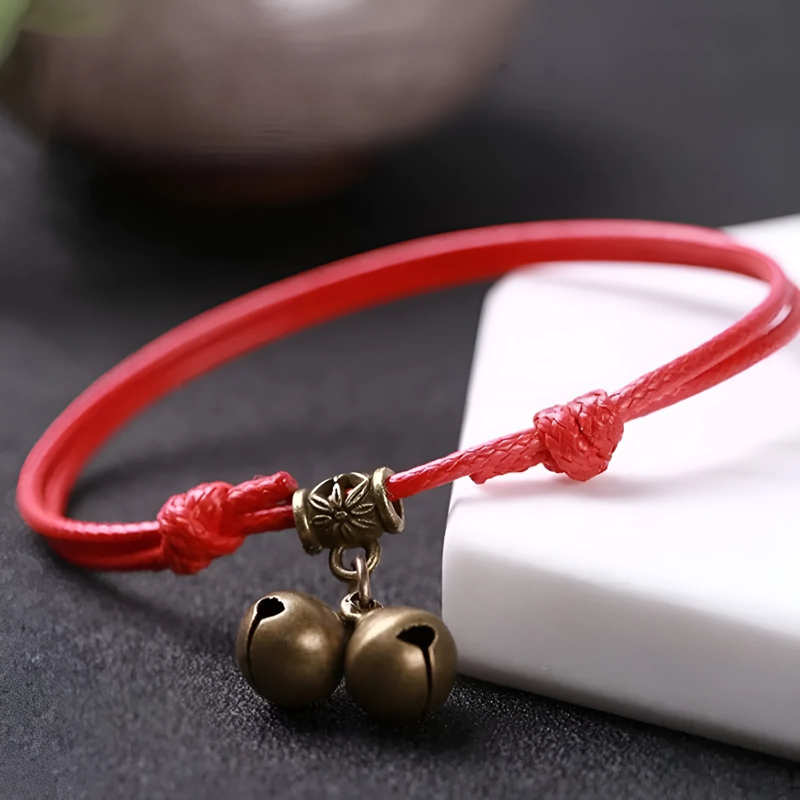 Adjustable nylon dog collar with a brass bell on a black rope, showing the fitting and casual style.