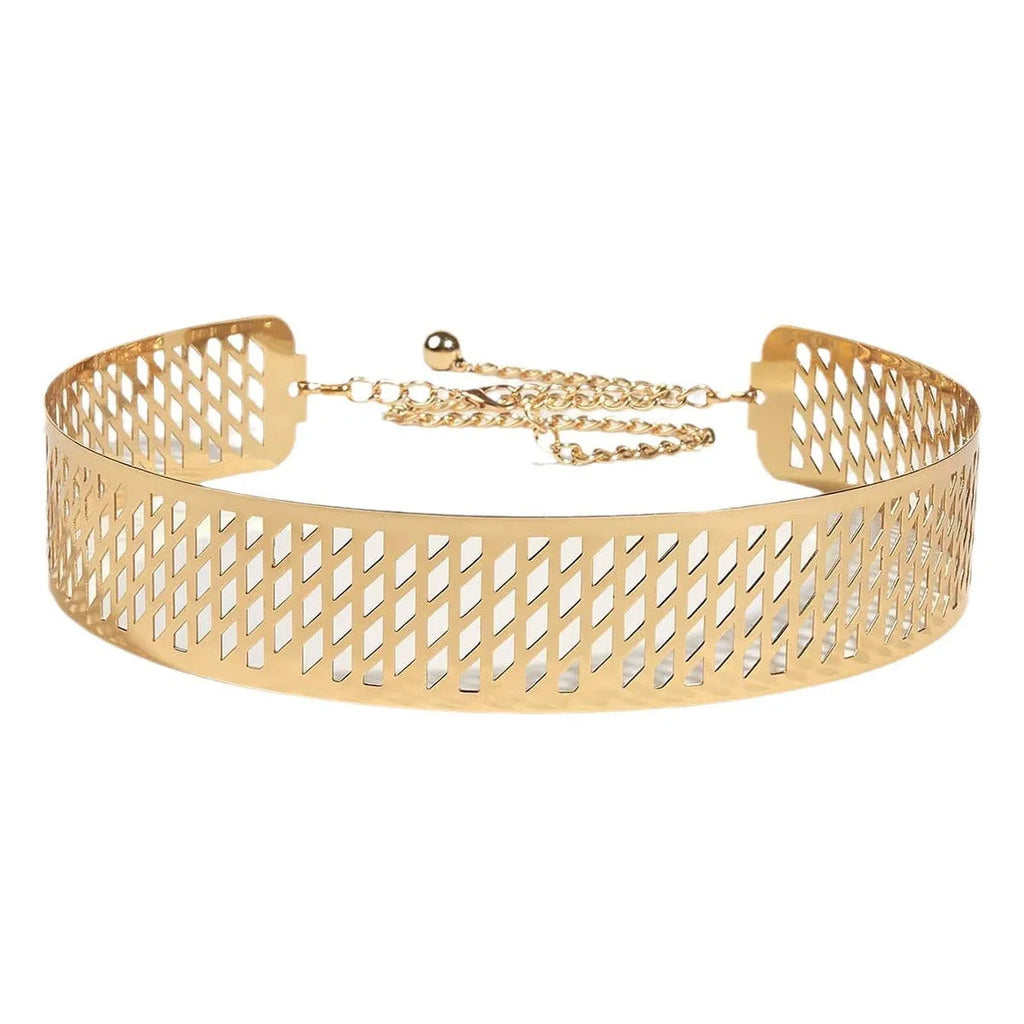 Gold thick waist belt with iron ring design, hook fastening, shown laid flat displaying full 105cm length.