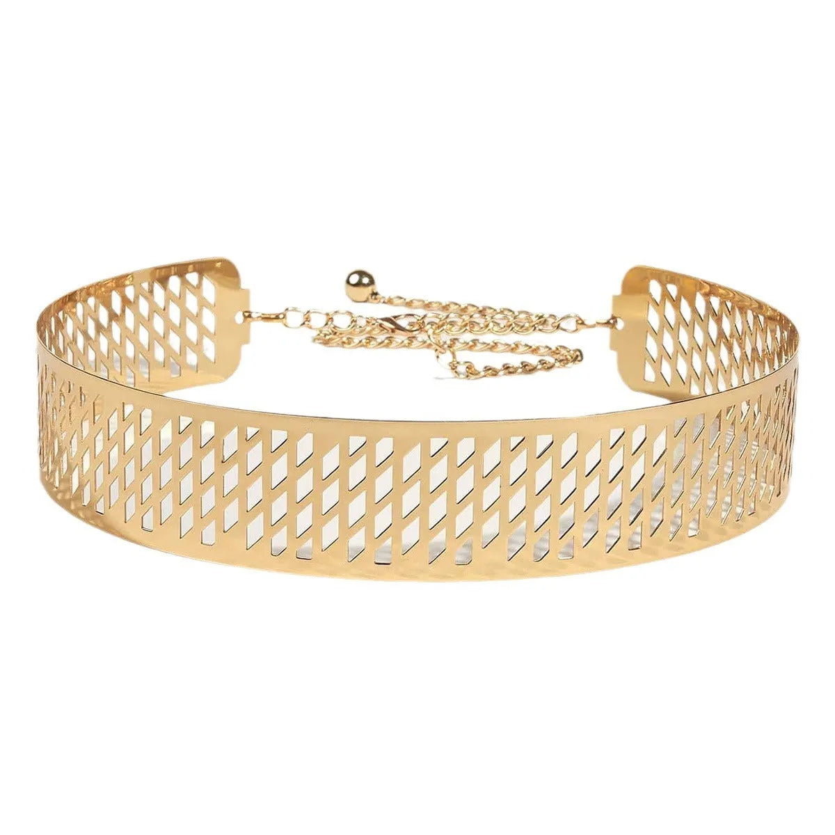 Gold thick waist belt with iron ring design, hook fastening, shown laid flat displaying full 105cm length.