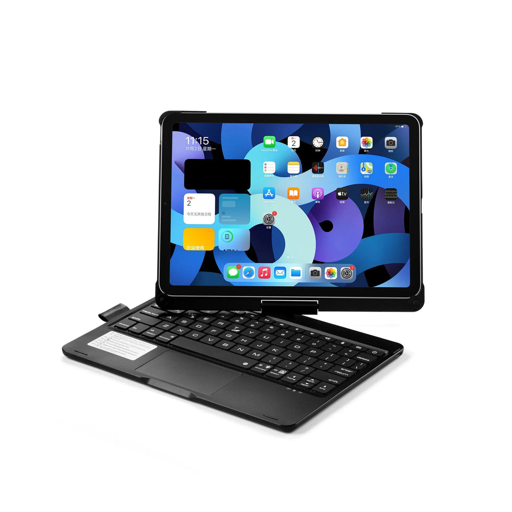 Rotating Bluetooth keyboard with backlit keys next to an iPad tablet