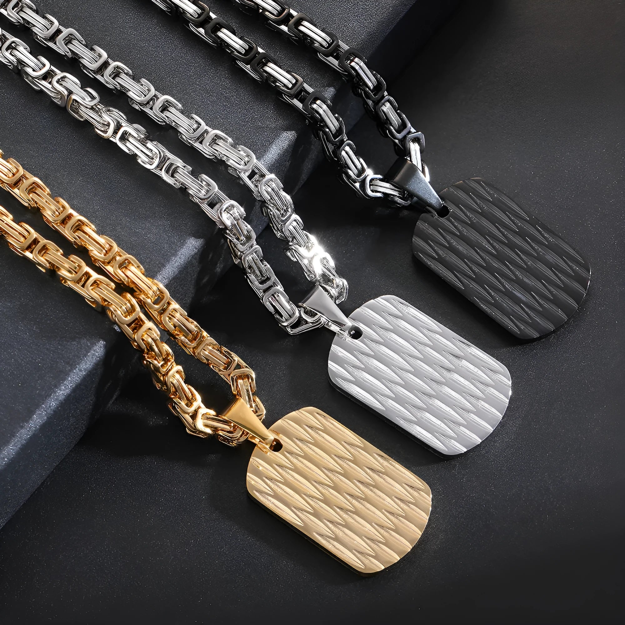 Titanium steel men's water ripple pendant necklace with quadrilateral geometry on emperor chain