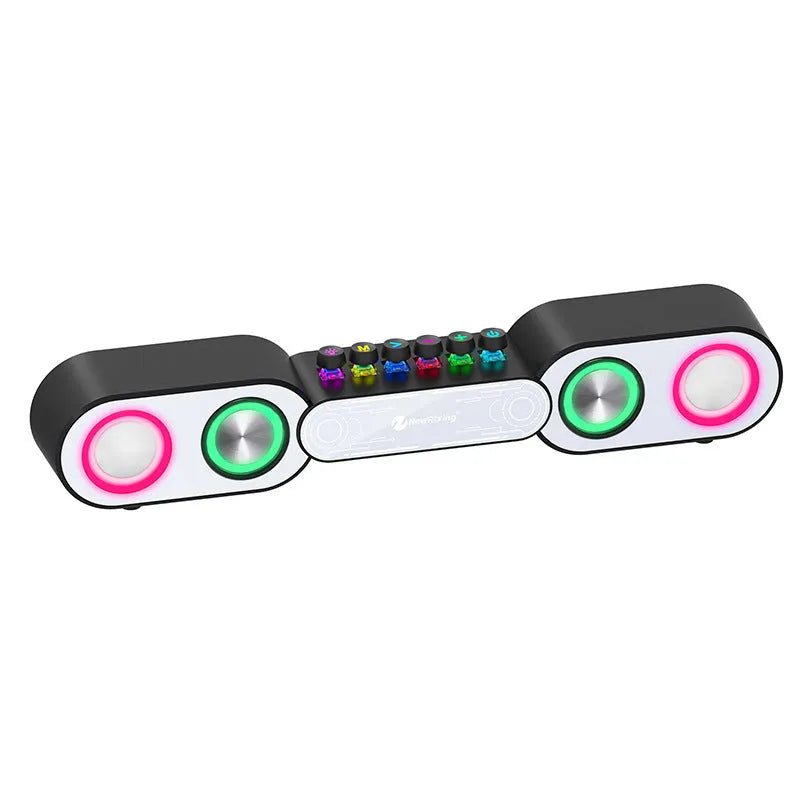 White RGB colourful e-sports Bluetooth speaker with plastic shell, built-in lithium battery, and mechanical buttons