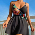 Black women's high waist briefs with printed split bikini design for sports activities