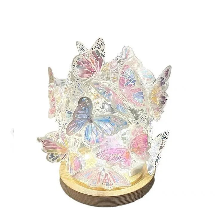 Butterfly night lamp with glass shade and wood base measuring 12x15cm