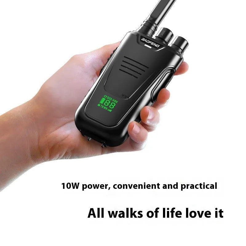 Red and yellow children's walkie talkies showing front display and USB charging port