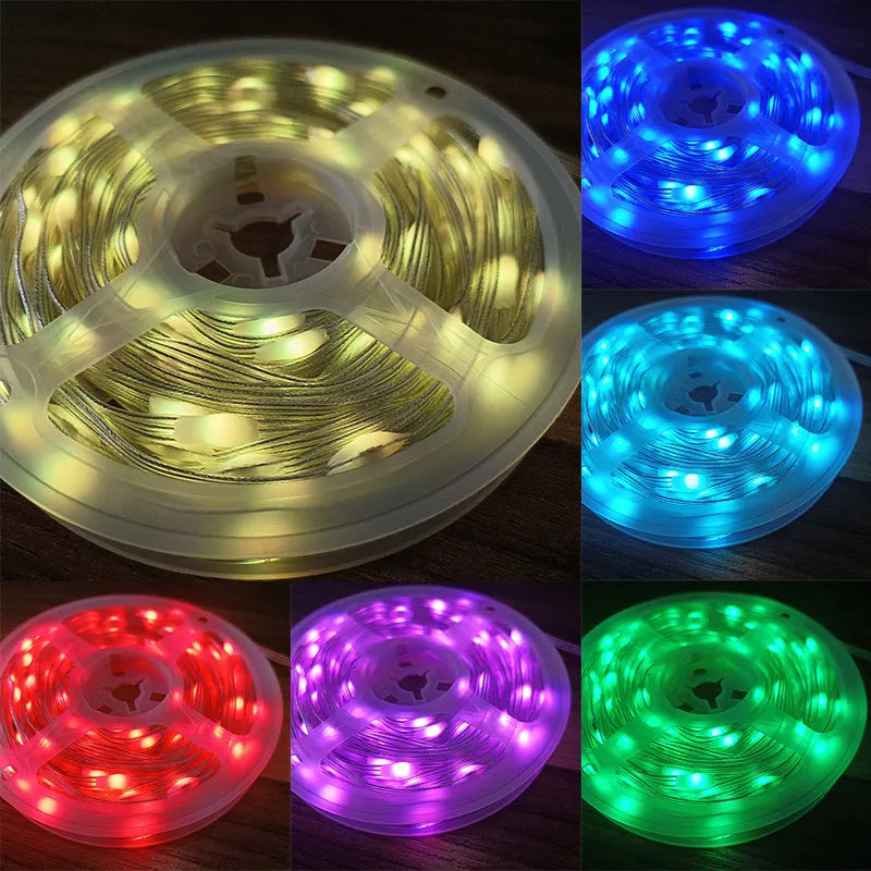 10 metre long LED light string with 100 multi-colour bulbs draped in decorative pattern