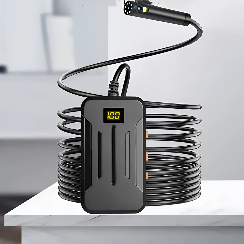 F300 wireless endoscope with dual 5.5mm and 8mm cameras, magnet, hook, and 20m cable on a smartphone display.
