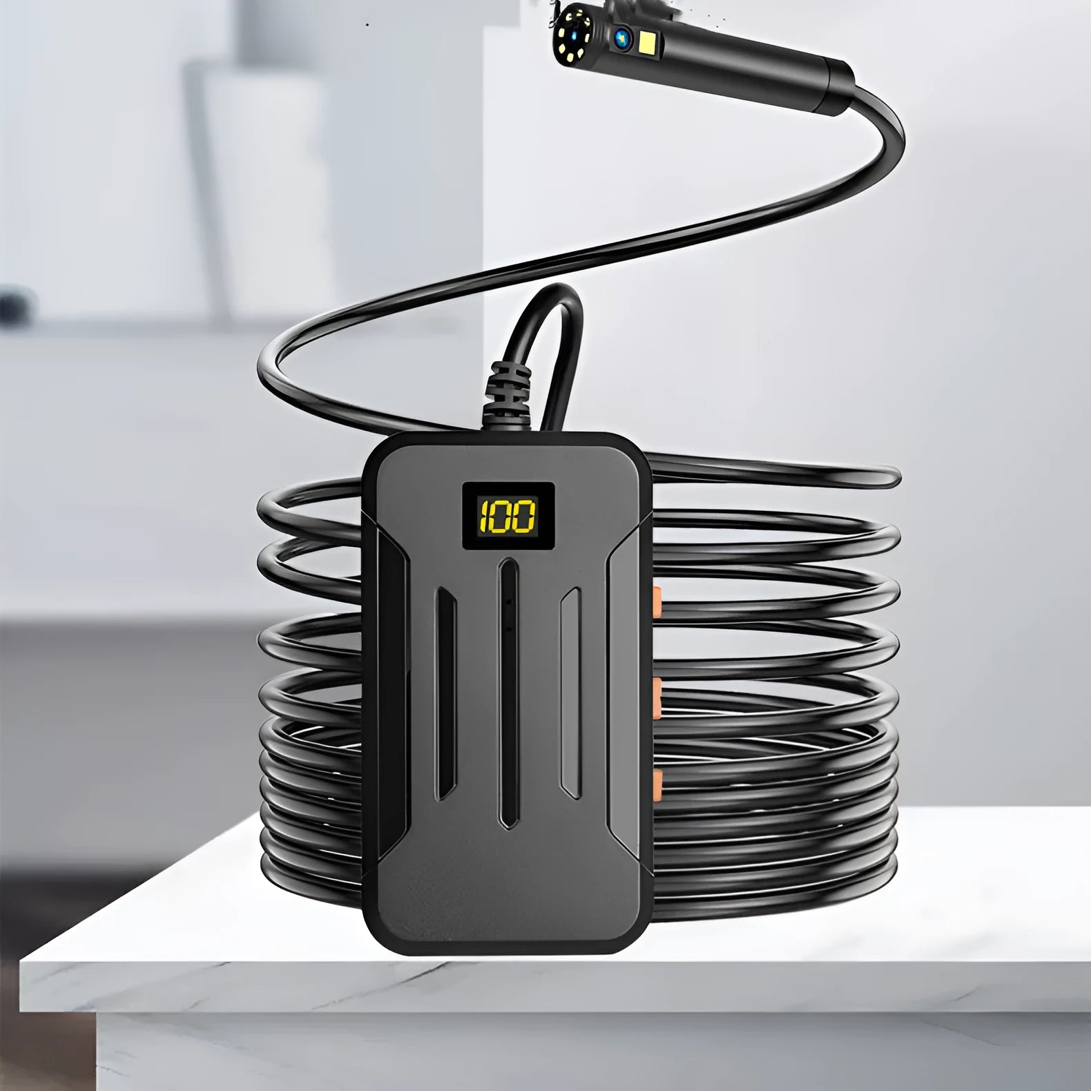 F300 wireless endoscope with dual 5.5mm and 8mm cameras, magnet, hook, and 20m cable on a smartphone display.