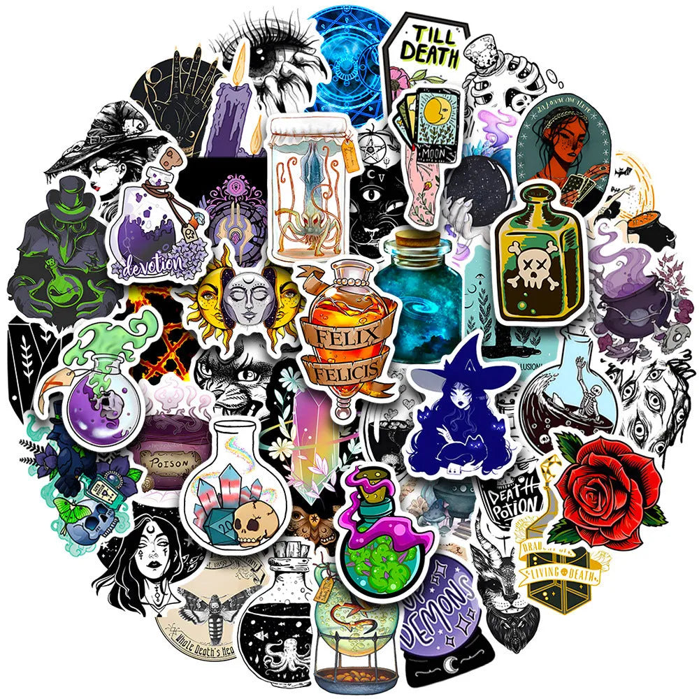 50 waterproof PVC stickers with glossy finish for laptop and skateboard decoration, sizes 3-8cm