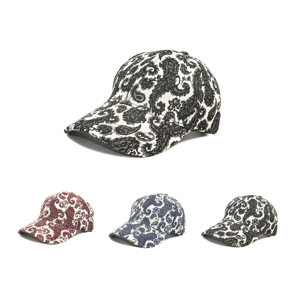 Blue polyester baseball cap with printed paisley pattern showing dome crown design