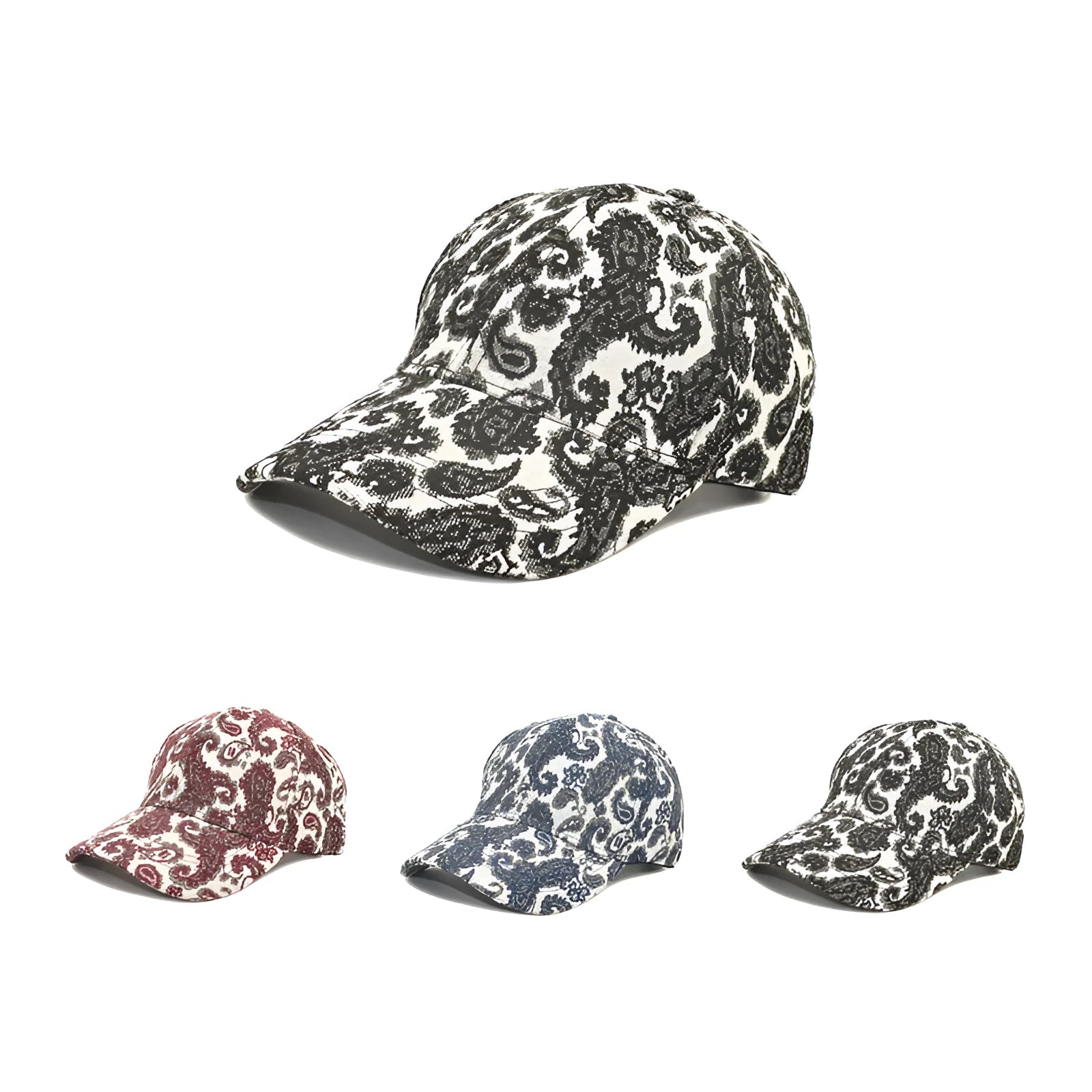 Blue polyester baseball cap with printed paisley pattern showing dome crown design