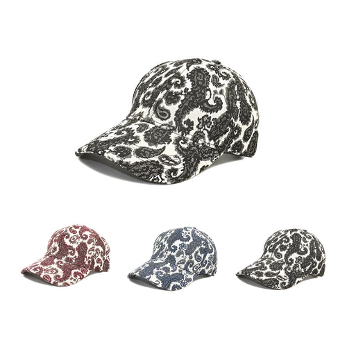 Blue polyester baseball cap with printed paisley pattern showing dome crown design
