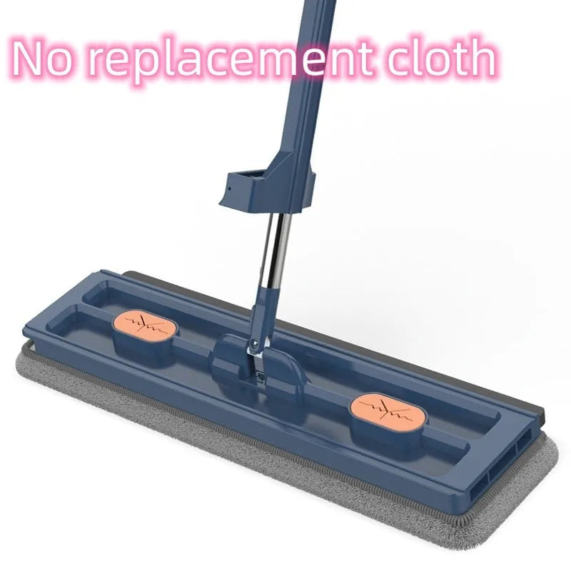 Large flat mop with stainless steel handle and blue mop cloth on hard floor