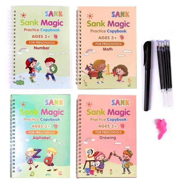 Children's magic calligraphy copybook set showing four coloured books, magic stylus pen, and refills with 3D slot writing design