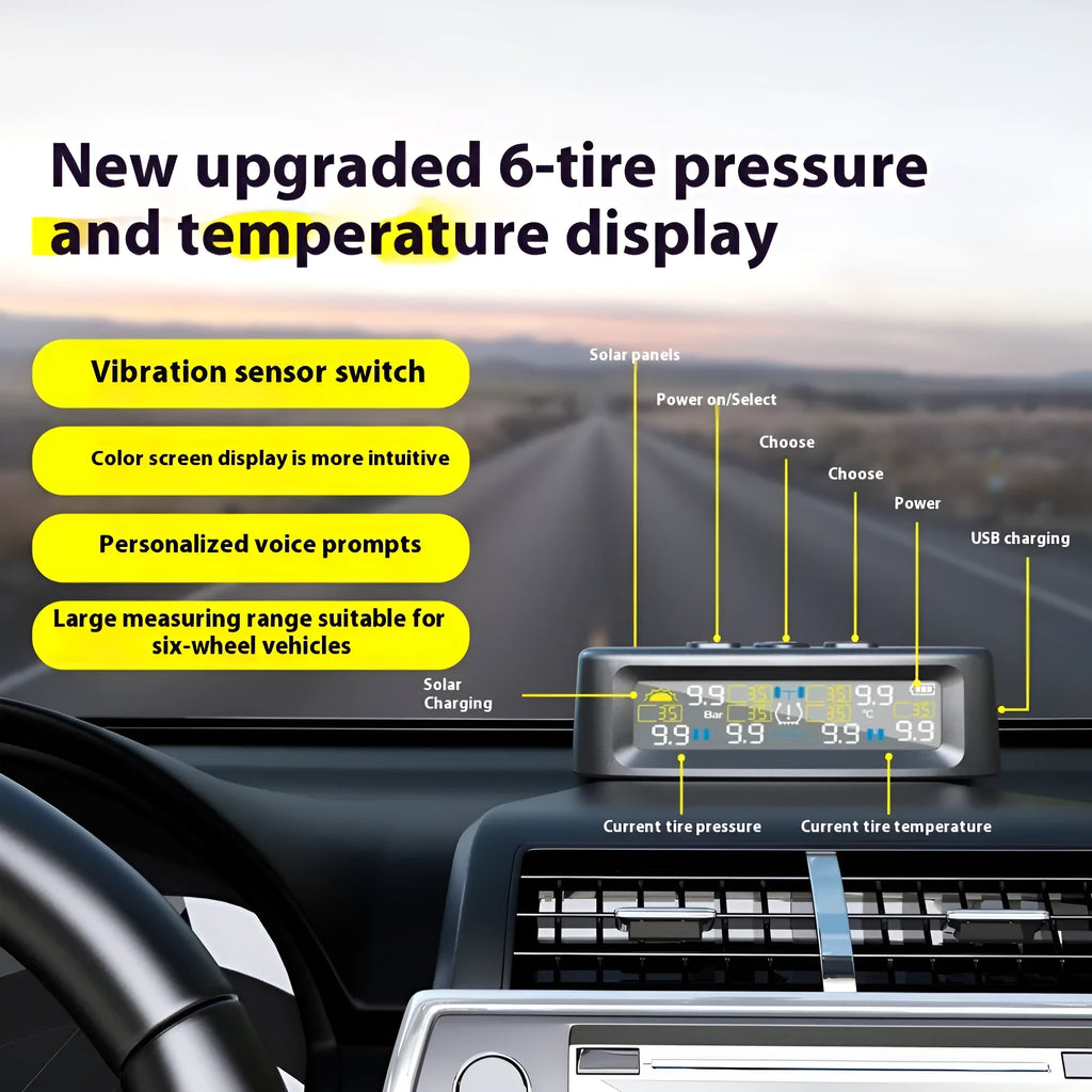 T12 six-wheel solar TPMS monitor with external sensors for RV and truck, 0-9.9 bar 0-144 psi, ABS PC housing.
