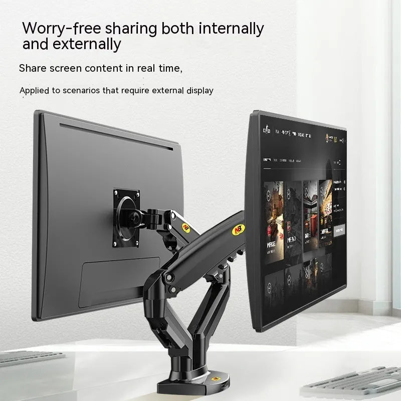 Dual monitor lifting bracket in dual screen colour, showing VESA mounting plates and aluminium alloy frame.
