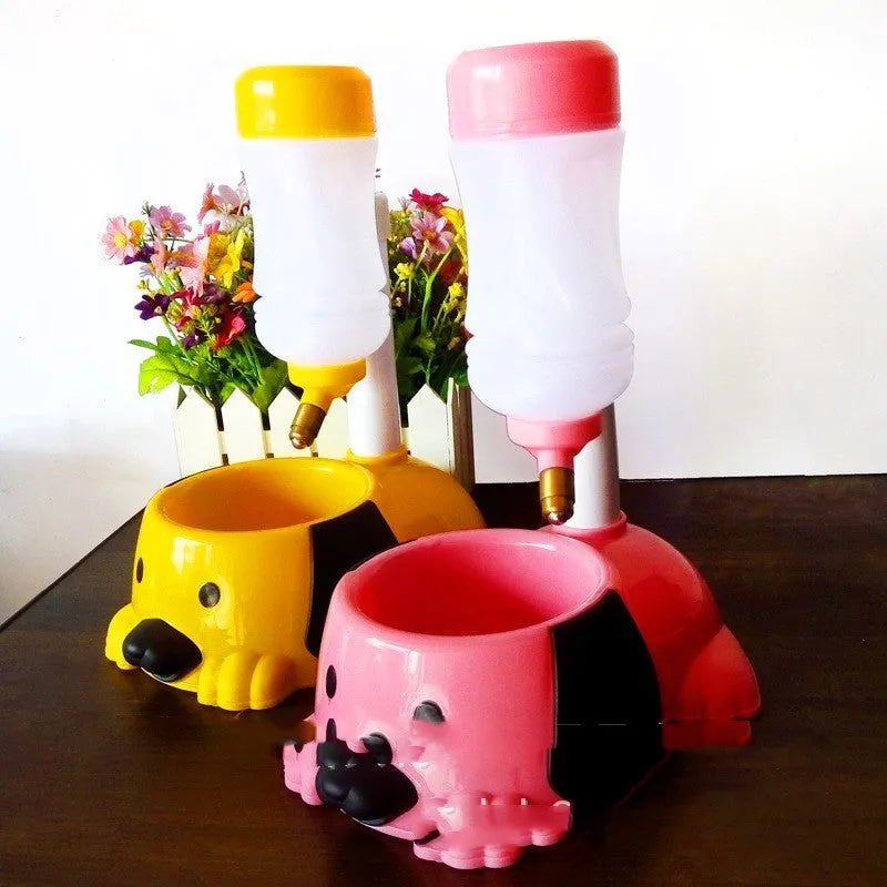 Adjustable plastic pet drinking bowl with rod lifting mechanism in pink colour