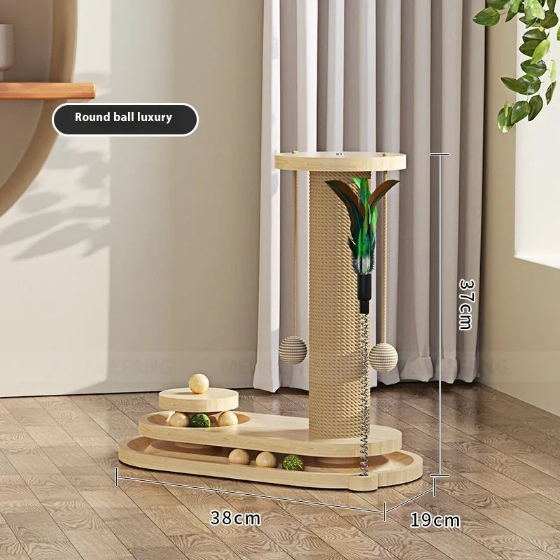 Solid wood cat scratching post with climbing frame and turntable design for indoor cats