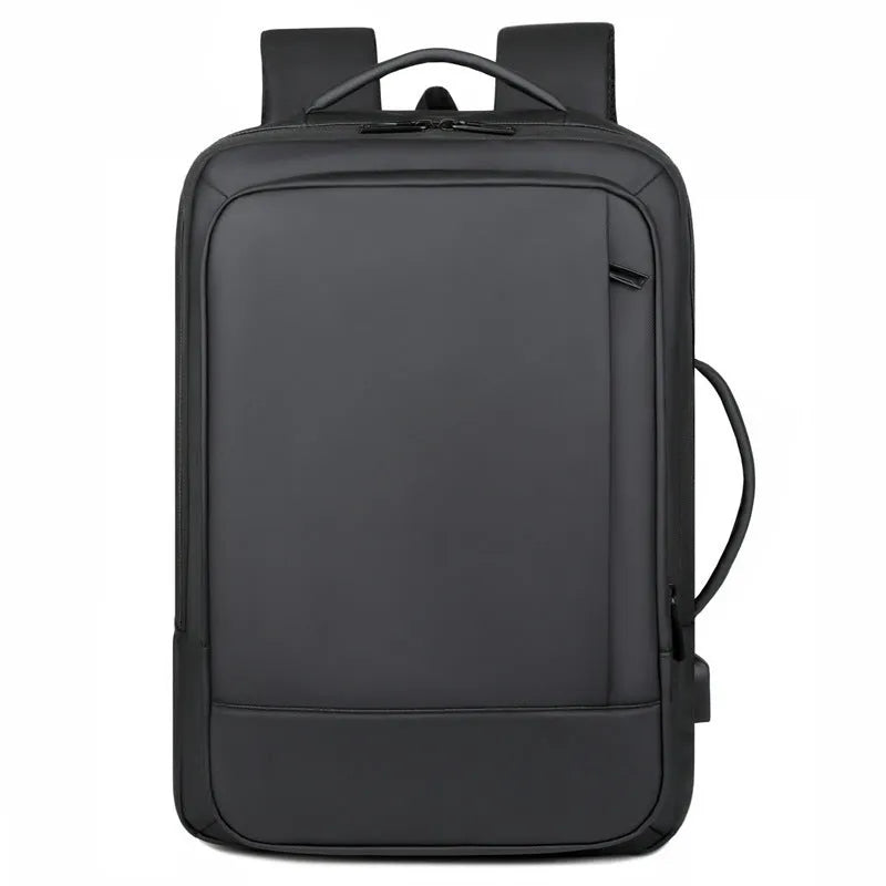 Black waterproof Oxford cloth backpack with curved shoulder straps showing business style and 20-35L capacity