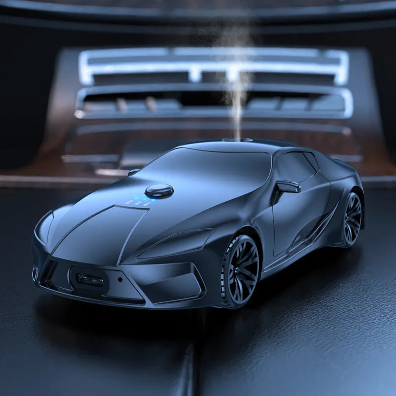 Grey car model aromatherapy diffuser in aluminium alloy, 12.9 cm x 5.9 cm x 3.7 cm, 30ml capacity, with three essential oils