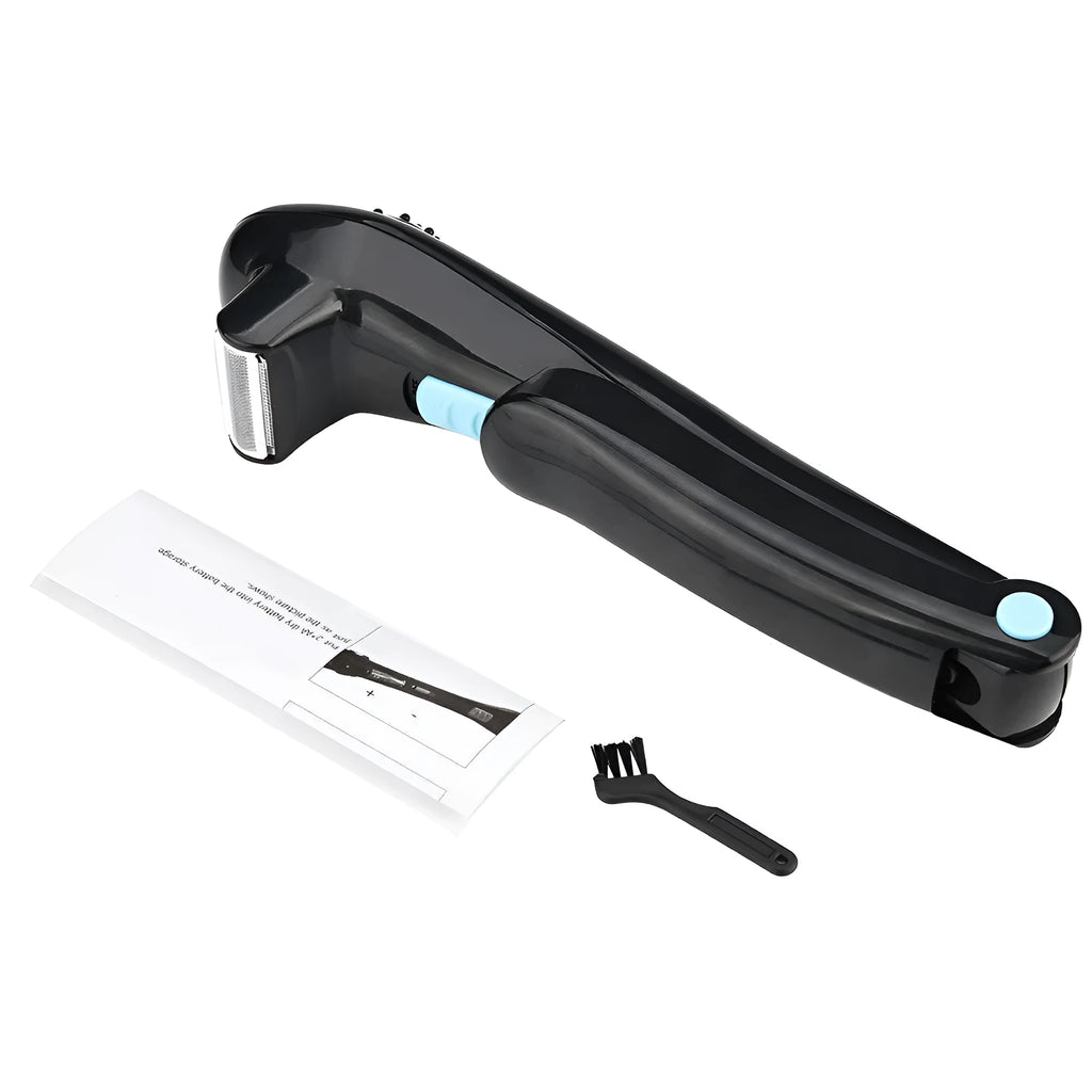 Matte black folding body electric shaver with battery compartment open