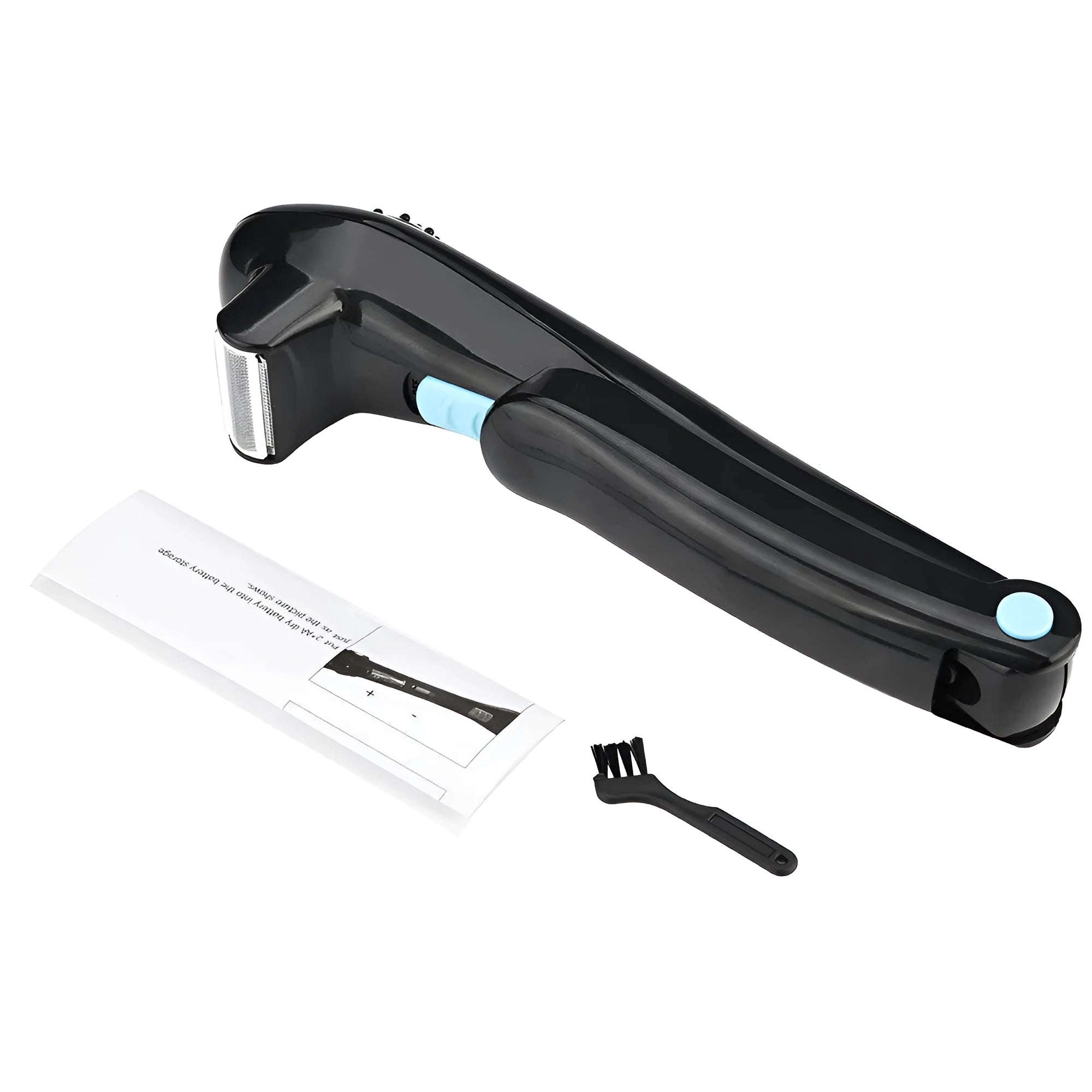 Matte black folding body electric shaver with battery compartment open
