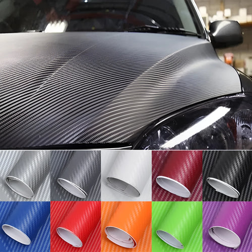 3D carbon fibre sticker roll for car decoration in multiple colours showing textured pattern