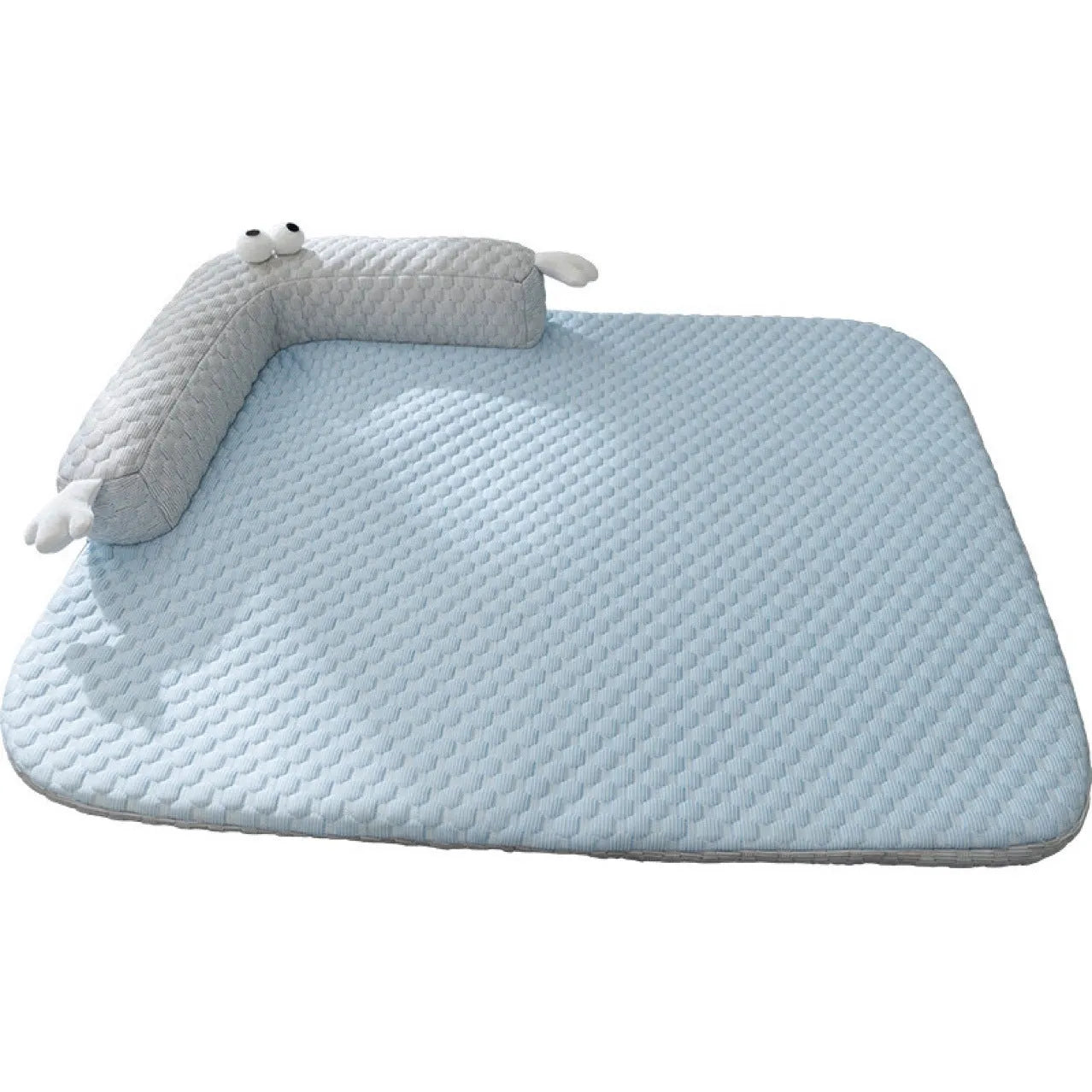 Blue big-eyed monster design pet bed cushion for dogs on a wooden floor.