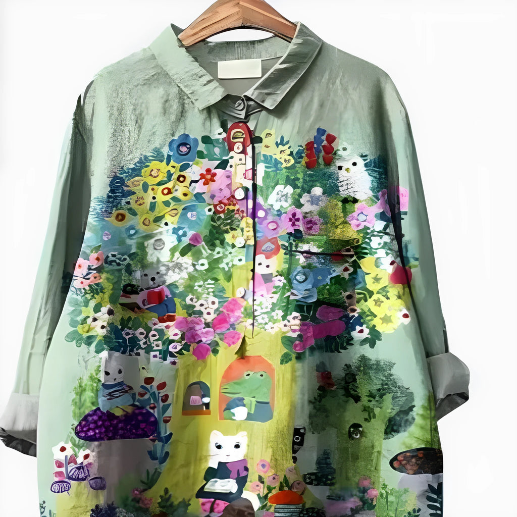 3D printed long sleeve pullover shirt with animal print and flower pattern, polyester fabric, regular fit