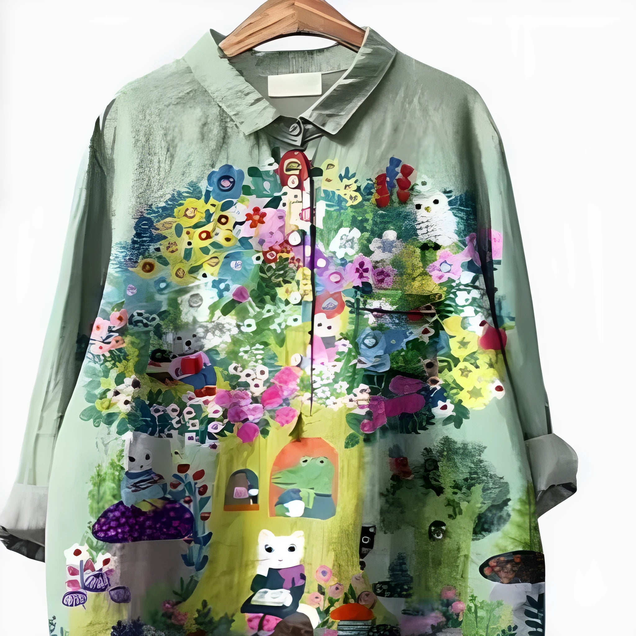 3D printed long sleeve pullover shirt with animal print and flower pattern, polyester fabric, regular fit