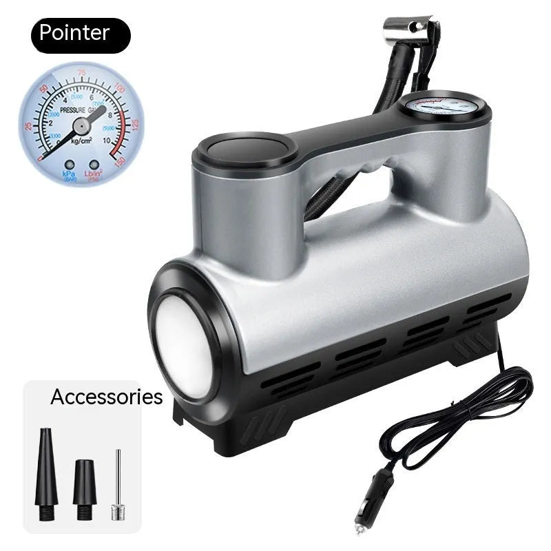 12V portable car air pump with pressure gauge and LED light on black ABS housing