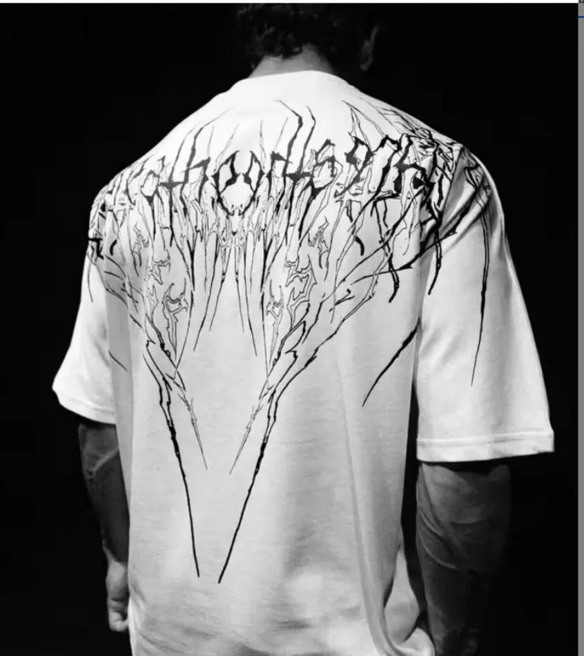 Dark style loose fit men's cotton T-shirt with gilding detail on short sleeves