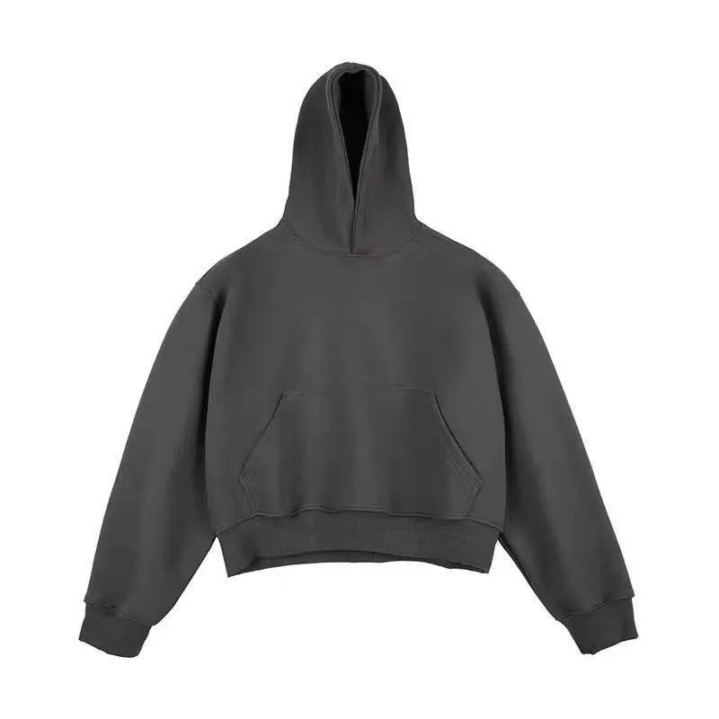 Short version Chinese cotton composite hooded sweater with removable hood in dark grey, shown with long sleeves.