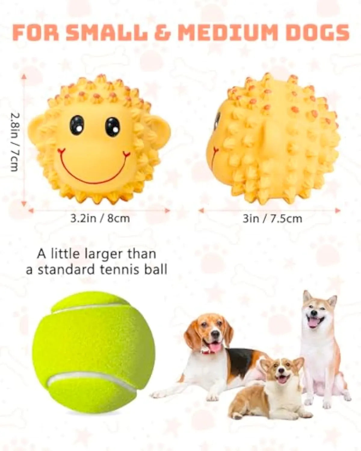 Orange and yellow spiky latex animal dog toys with squeakers for dental care and fetch play.