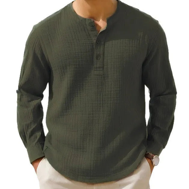 Long sleeve linen blend shirt with round neck and 3/4 sleeves in Army Green colour