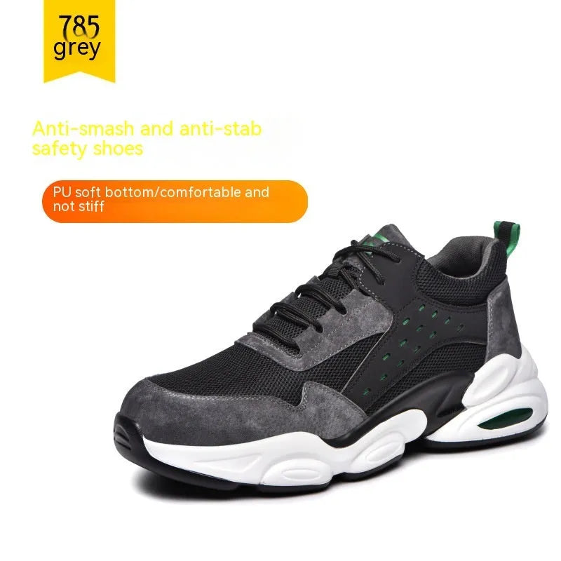 Black mesh safety shoe with a PU sole and steel toecap for industrial work.