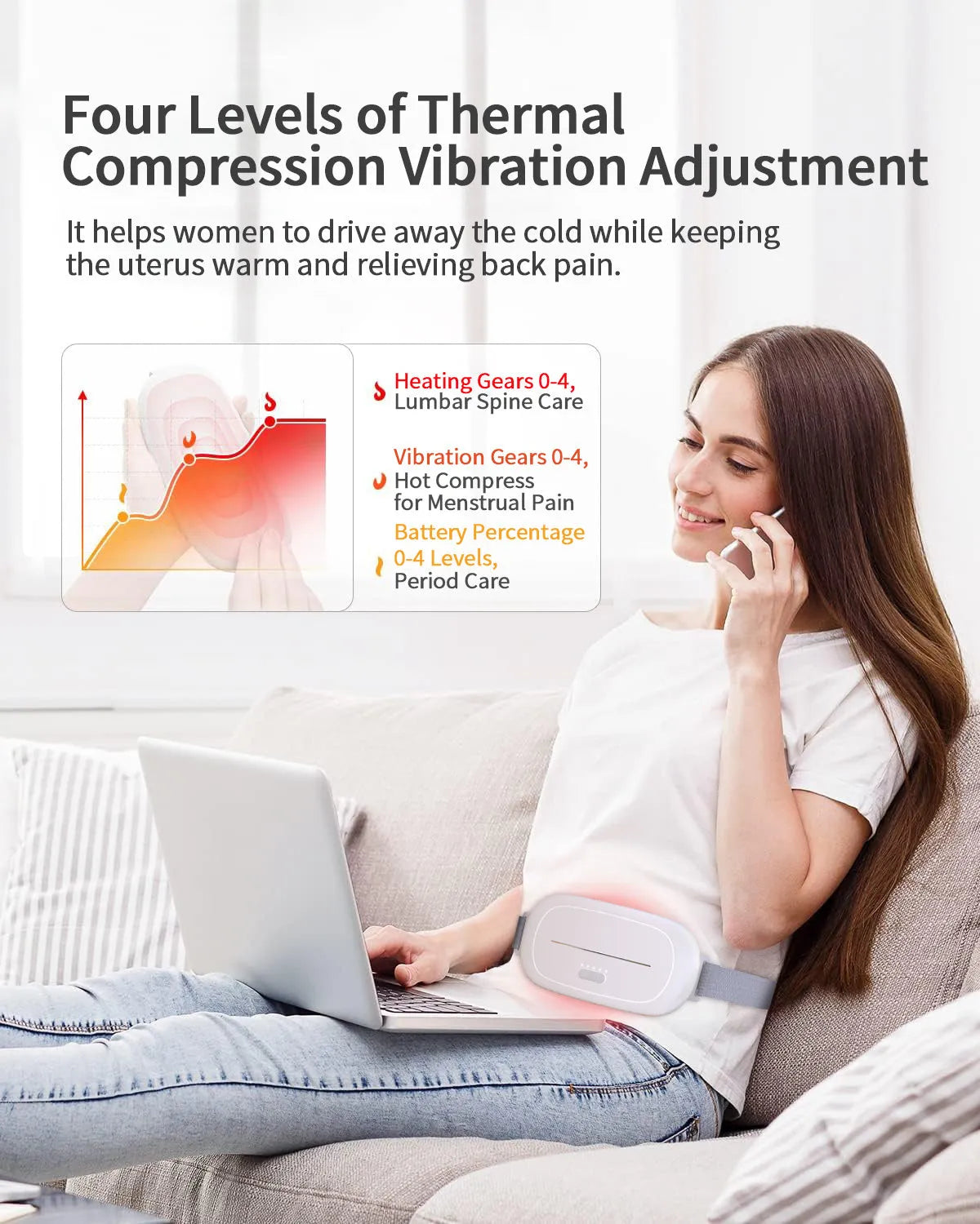 White cordless uterine warming device for menstrual pain relief on a grey background.