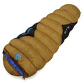 Army green mummy-style camping sleeping bag with compression sack, showing tapered design and zipper.