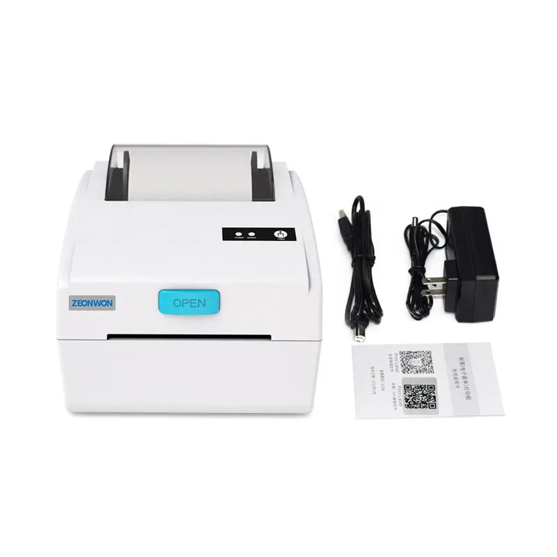 White Bluetooth thermal label printer with USB and wireless connectivity for shipping labels.