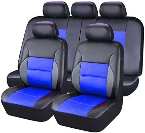 Artificial leather car seat covers in a choice of colours, shown in 2-piece, 4-piece, and 9-piece set configurations.