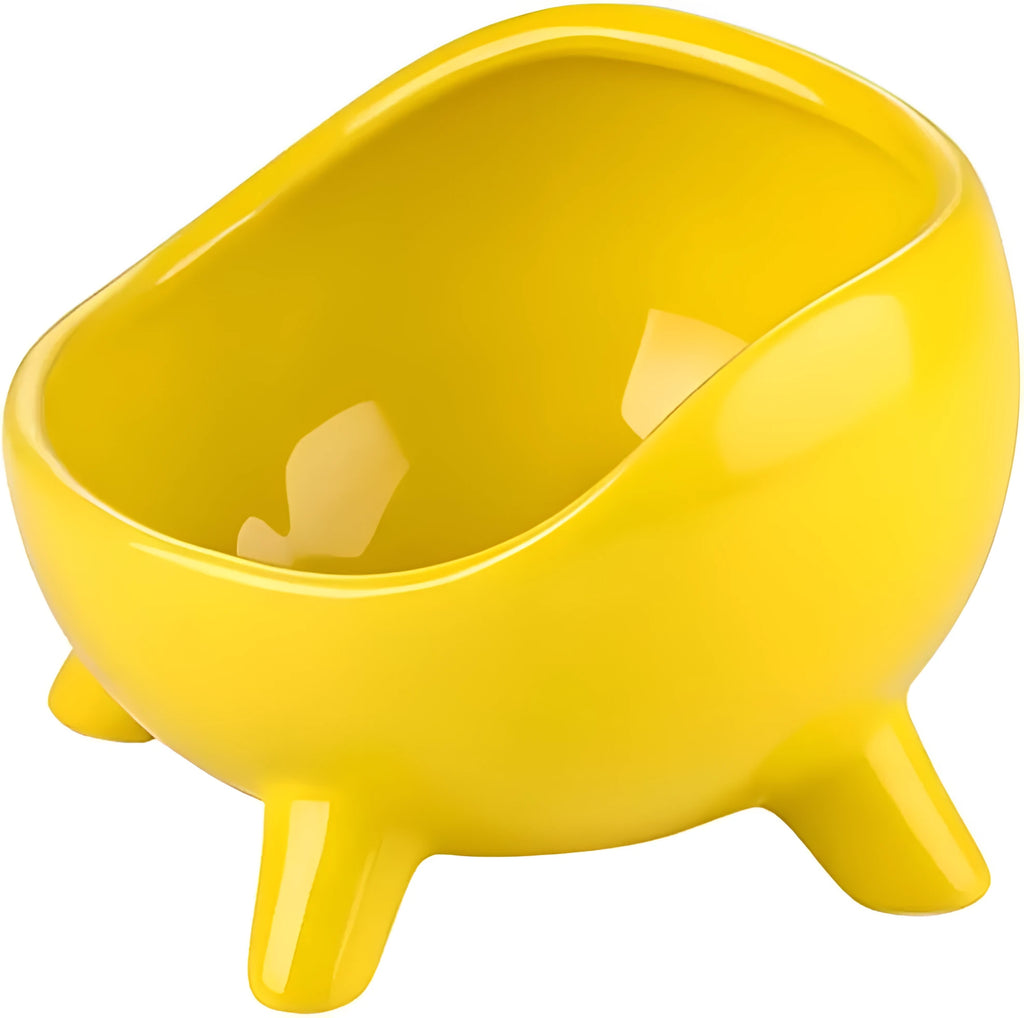 Green ceramic pet bowl with four legs and rounded splatter guard for cats and small dogs