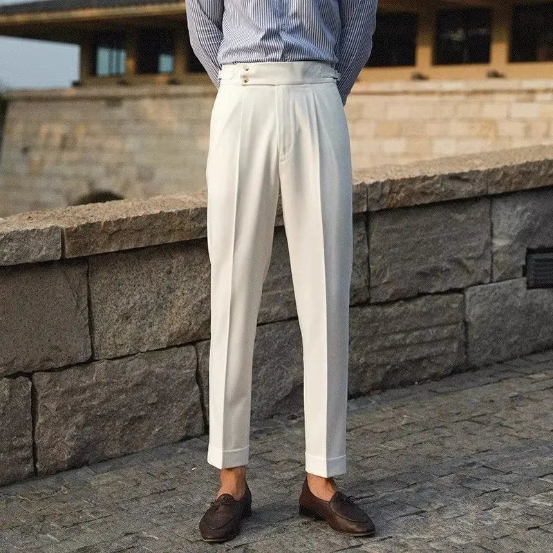 Slim fit straight leg suit trousers in a chemical fibre blend fabric for formal wear.
