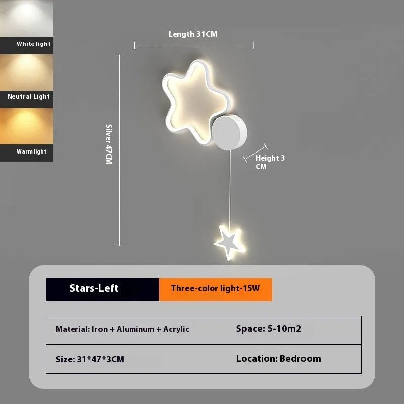 Cartoon cloud and five-pointed star themed bedside wall lamp for a child's room.