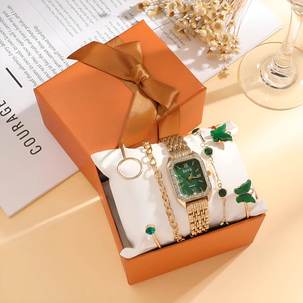 Gold green square steel watch with four matching alloy bracelets laid out as a complete gift set
