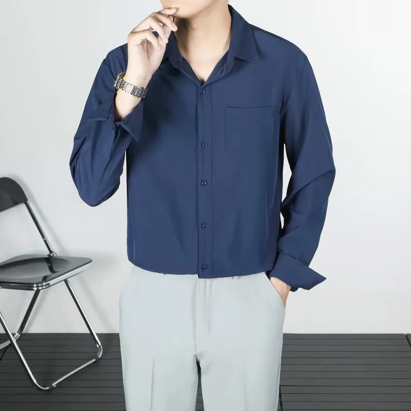 Korean-style linen long-sleeved shirt for men in loose fit, available in six solid colours including black and white