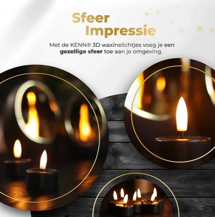 Set of four black S10 LED tealight candles showing flickering flame effect.