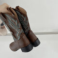 Brown women's mid-calf embroidered Martin boots with leather lining and square heel