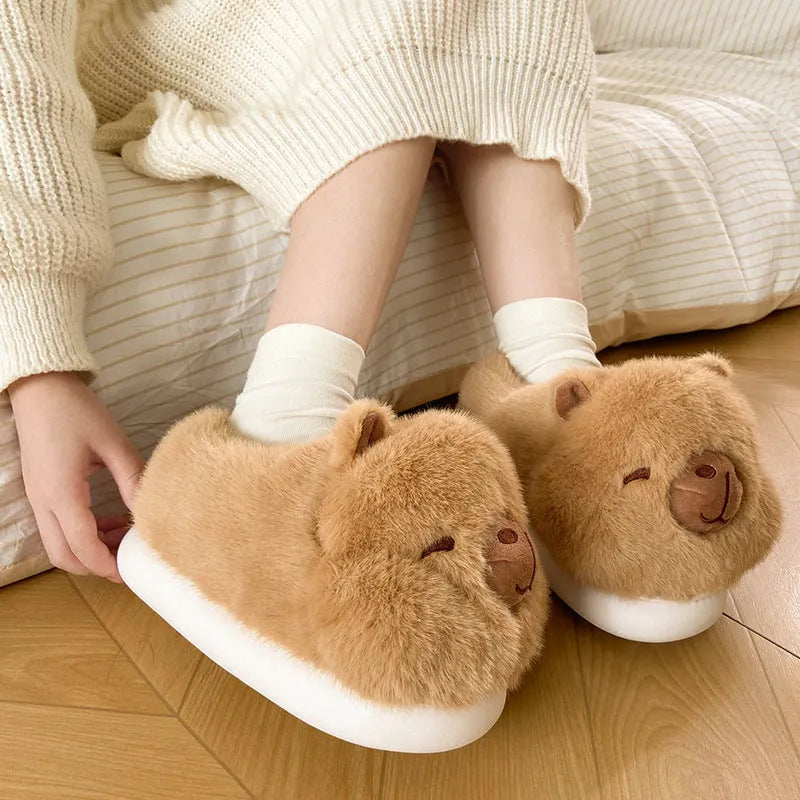 Light brown women's winter slippers with cartoon pattern, plush cotton upper and PVC sole