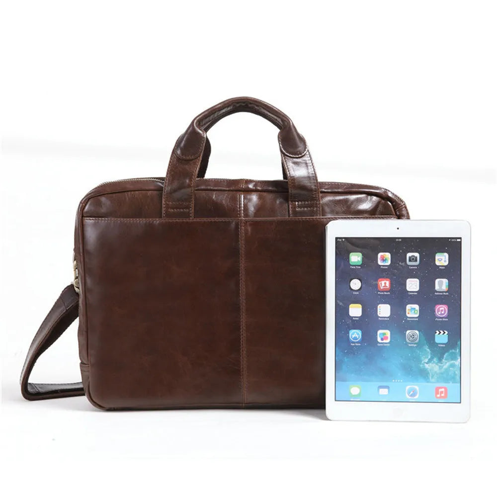 Brown leather men's business briefcase with 18-inch dimensions for laptop carrying